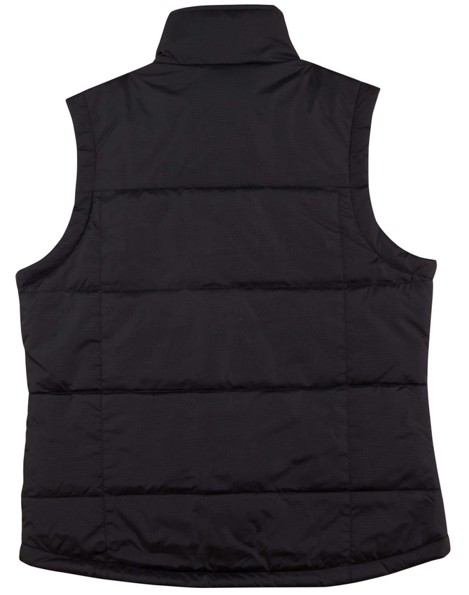 A black padded vest with a rip-stop texture, featuring a high collar and no sleeves. It has a branding logo.