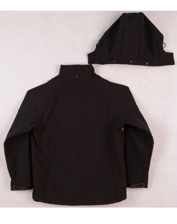 A black men's softshell full zip hoodie with a detachable hood, featuring a logo on the back.