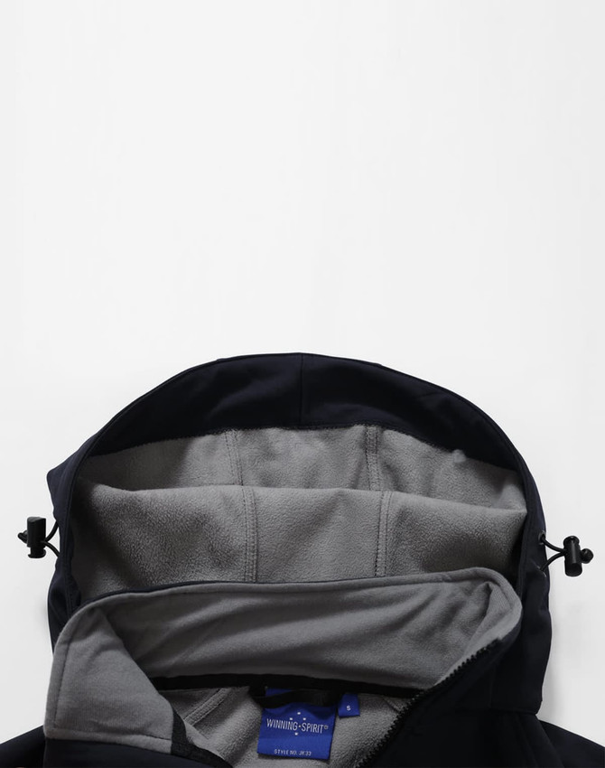 A black softshell full zip hoodie with a grey interior lining and adjustable toggles on the hood.
