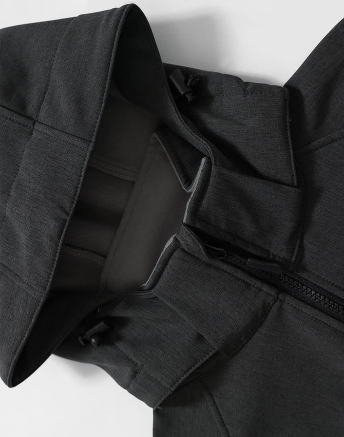 A softshell full zip hoodie in dark grey, featuring a hood and zippered closure, with a logo present.