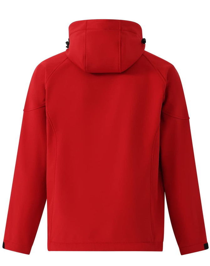 A red kids' softshell full zip hoodie with a hood, featuring a smooth fabric and casual design.