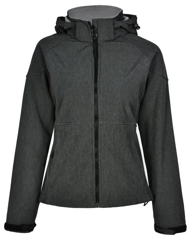 A dark grey ladies' softshell full zip hoodie with a hood, featuring a logo and a fitted design.