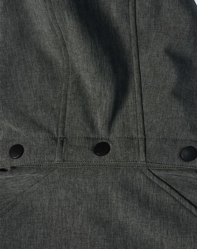 A softshell full zip hoodie in dark grey, featuring snap buttons and a simple design, includes a logo.