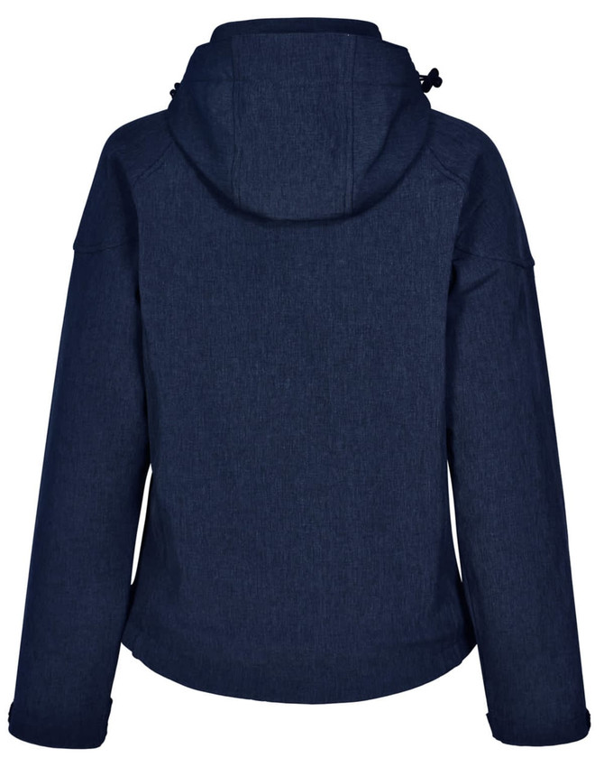 A navy blue ladies' softshell full zip hoodie with a hood and a branded logo on the back.
