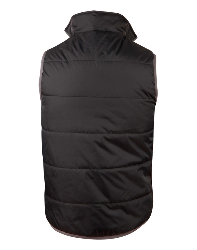 A black, sleeveless vest featuring a puffy design and high collar, with a logo on the back.