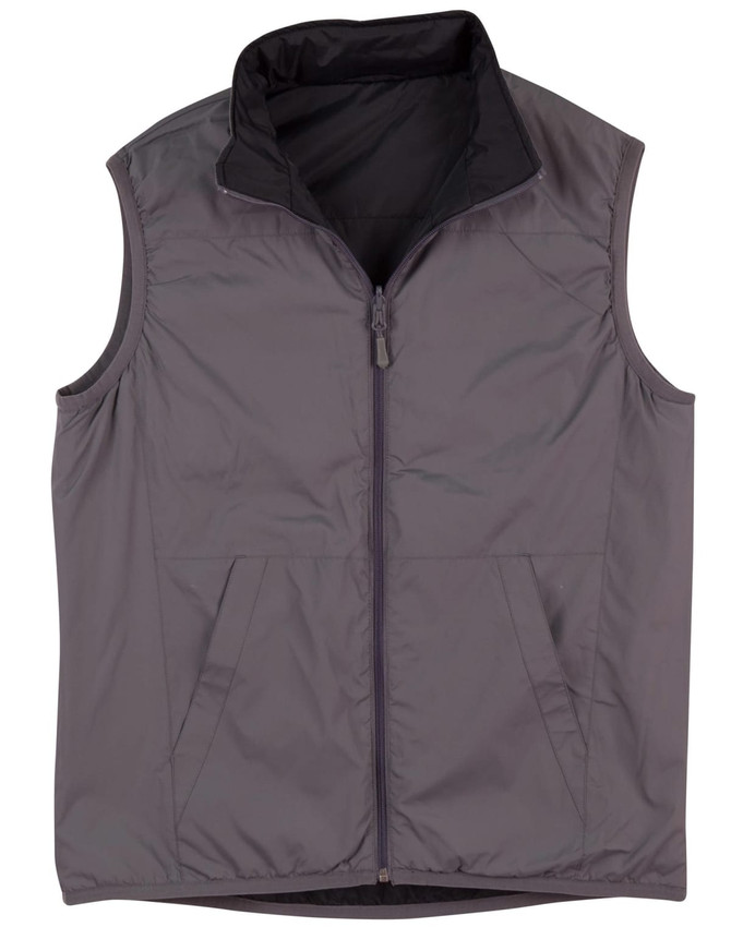 A grey versatile vest with a zippered front and two front pockets, featuring a collar and a branded logo.