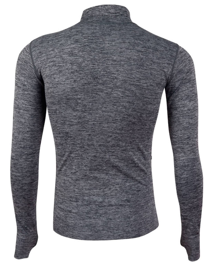 A grey unisex seamless heather jacket with a high collar and long sleeves, featuring a branding logo.