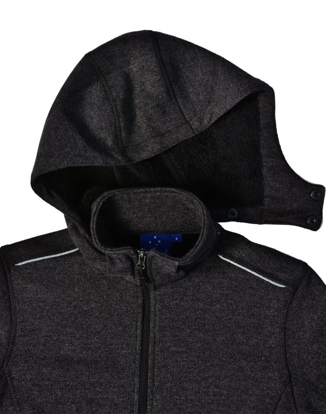 A dark grey bonded fleece jacket featuring a hood and zip closure. It has a logo and contrasting details.