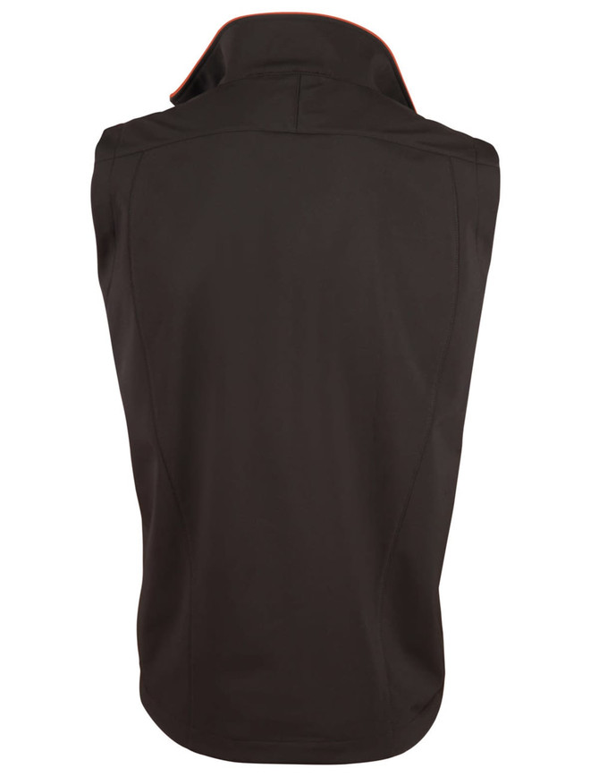 A black men's softshell contrast vest featuring a collar and a sleek design with no sleeves.
