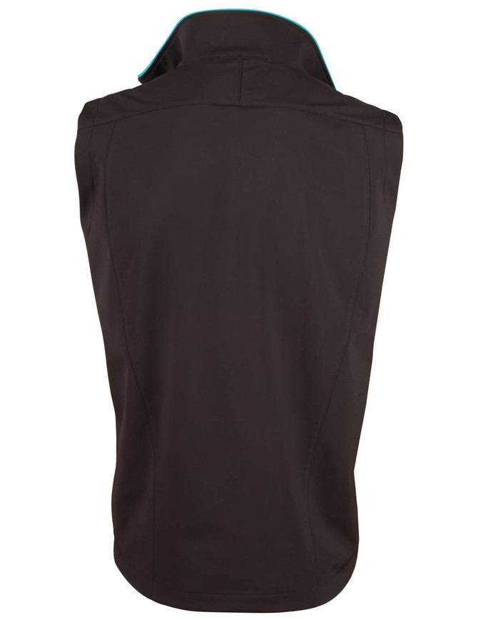 A black ladies' softshell contrast vest featuring a high collar and an inner colour detail. It has a logo on the back.