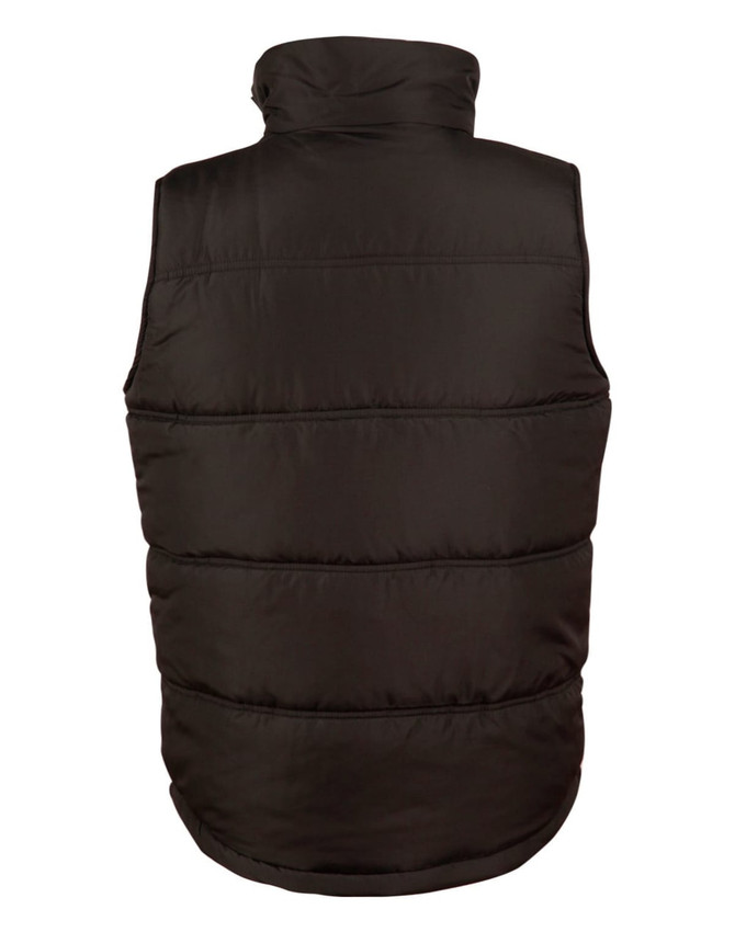 A heavy quilted vest in black, featuring a high collar and a simple design, with a logo on the back.