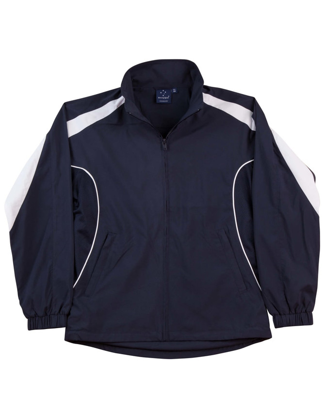 A navy and white adults warm-up jacket featuring a zip front and elastic cuffs, with a logo on the chest.
