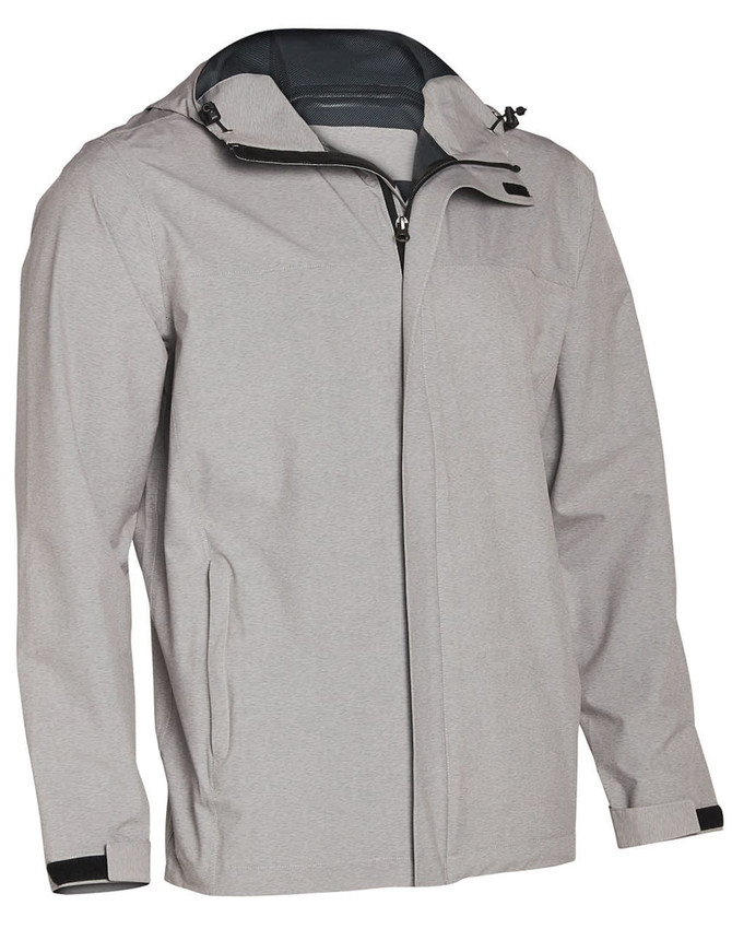 Men's waterproof performance jacket in light grey, featuring a zippered front and adjustable hood. Includes a logo.