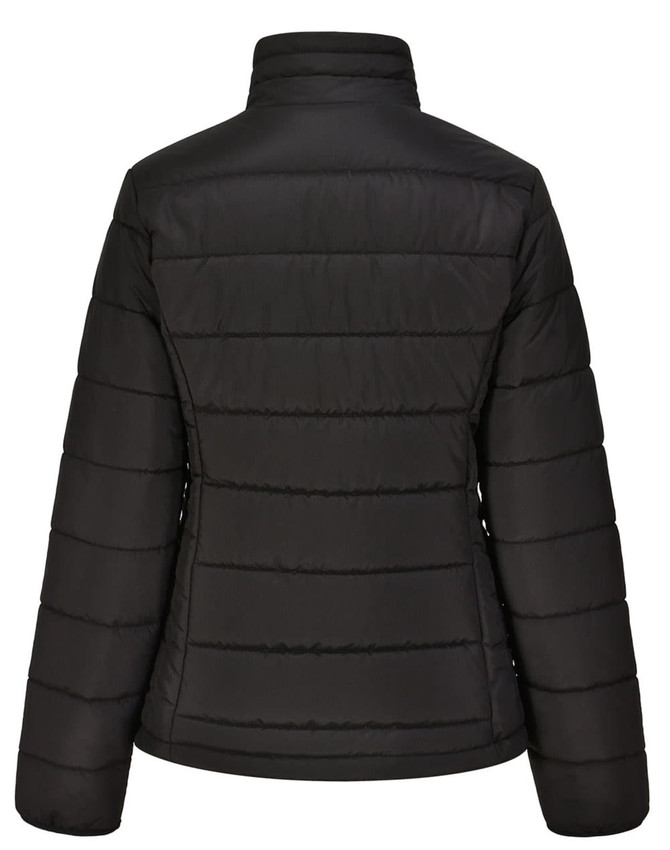 A black sustainable insulated puffer jacket featuring a 3D cut with a quilted design and a high collar.