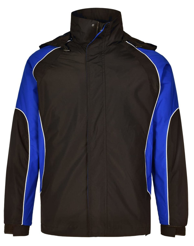 A unisex jacket featuring a black and blue design with white piping and a high collar. It has a logo on it.