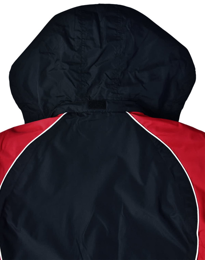 A unisex jacket featuring a black hood and red detailing, designed in a sleek style with a logo.