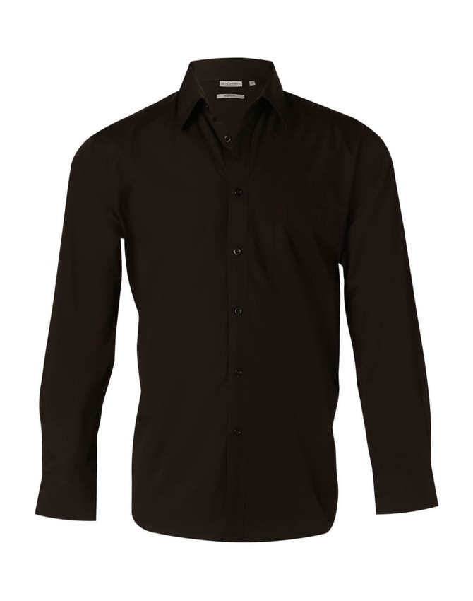 A black long sleeve button-up shirt with a chest pocket and a logo tag on the collar.