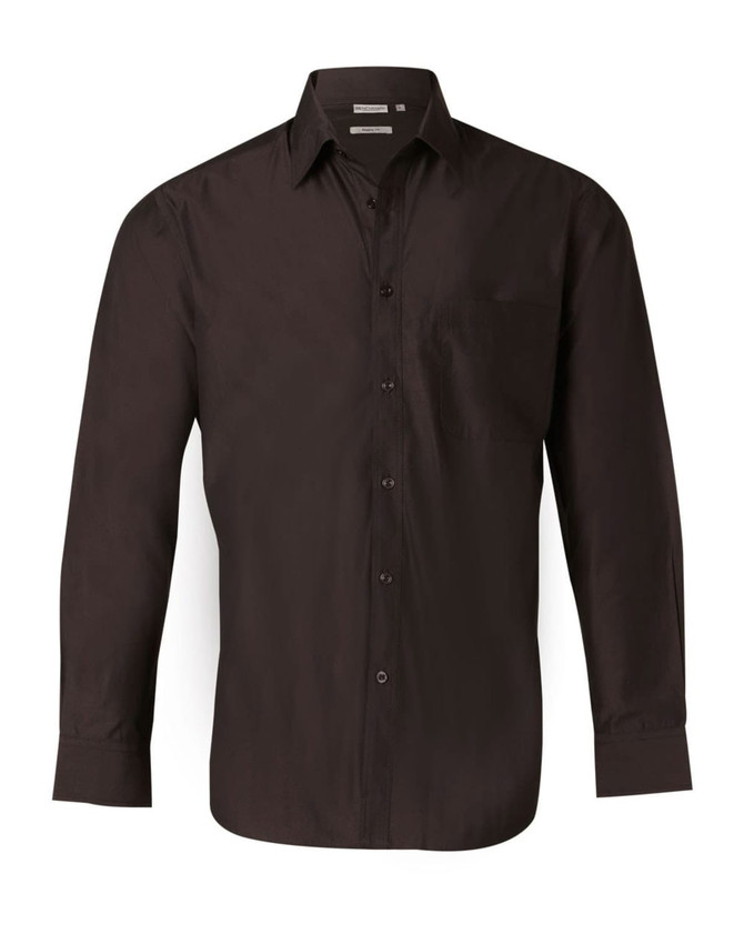 A black long sleeve button-up shirt with a collar and a single chest pocket. It features a logo on the label.
