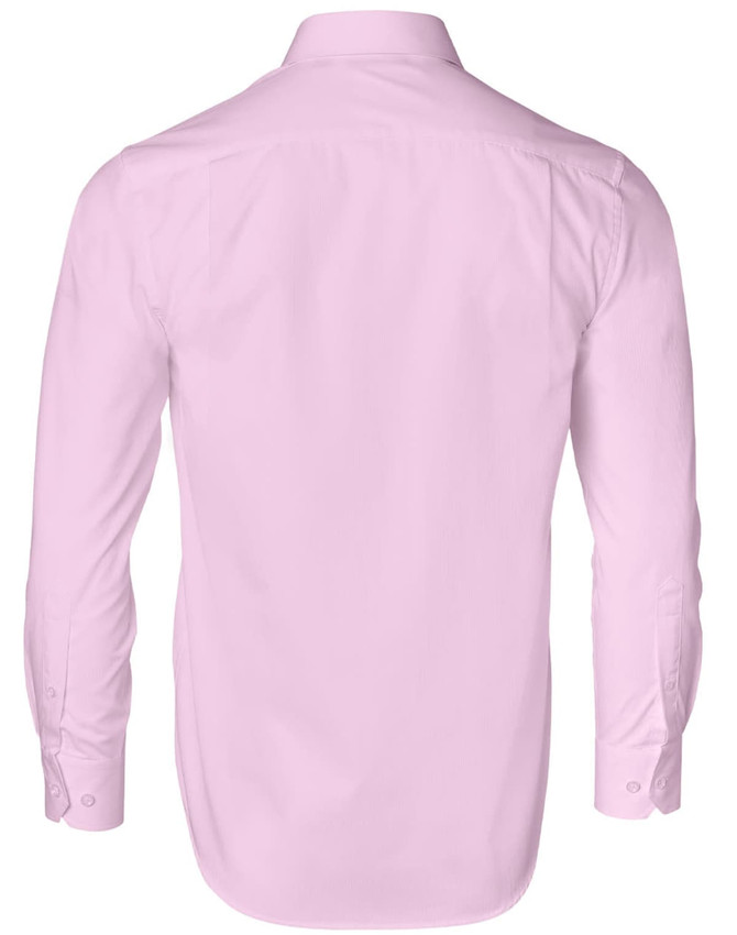 A pink men's button-up shirt with long sleeves and a dobby striped pattern, featuring a logo.