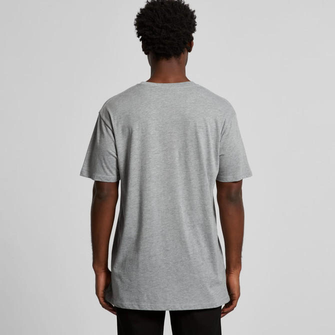 A grey basic t-shirt viewed from the back, featuring short sleeves and a plain design. It has a logo on the side.
