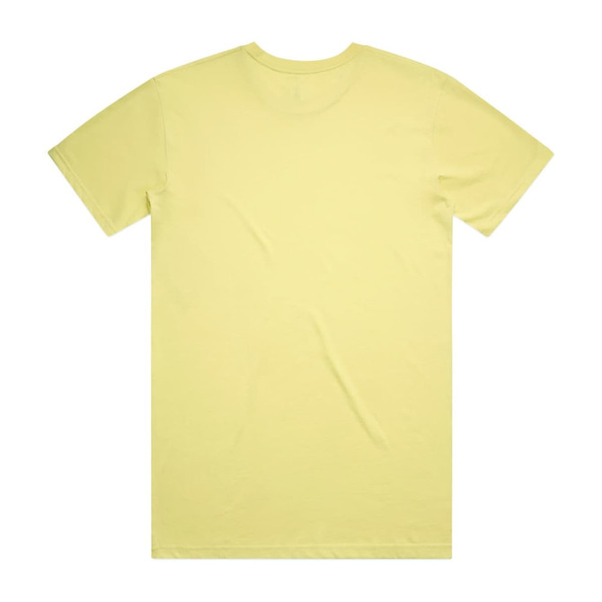 A plain yellow T-shirt with a crew neck and short sleeves, featuring a logo on the back.