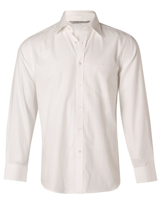A white long sleeve button-up shirt with a mini herringbone pattern and a chest pocket. It features a logo on the collar.
