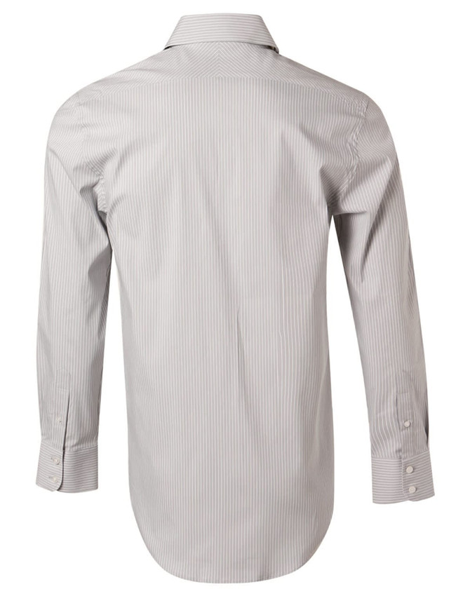 A long-sleeve button-up shirt featuring a grey and white ticking stripe pattern, with a classic collar and a branded label.