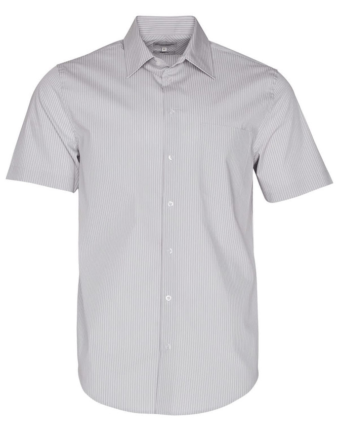 A short-sleeved, button-up shirt featuring a grey and white ticking stripe pattern. It has a logo on the chest.