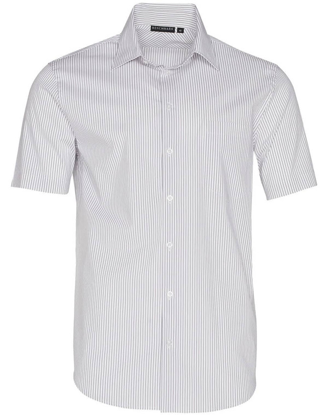 A short-sleeved button-up shirt with a grey and white ticking stripe pattern. Features a collar and a logo.