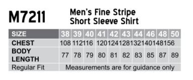 A chart featuring size measurements for a Men's Fine Stripe Short Sleeve Shirt in various sizes.