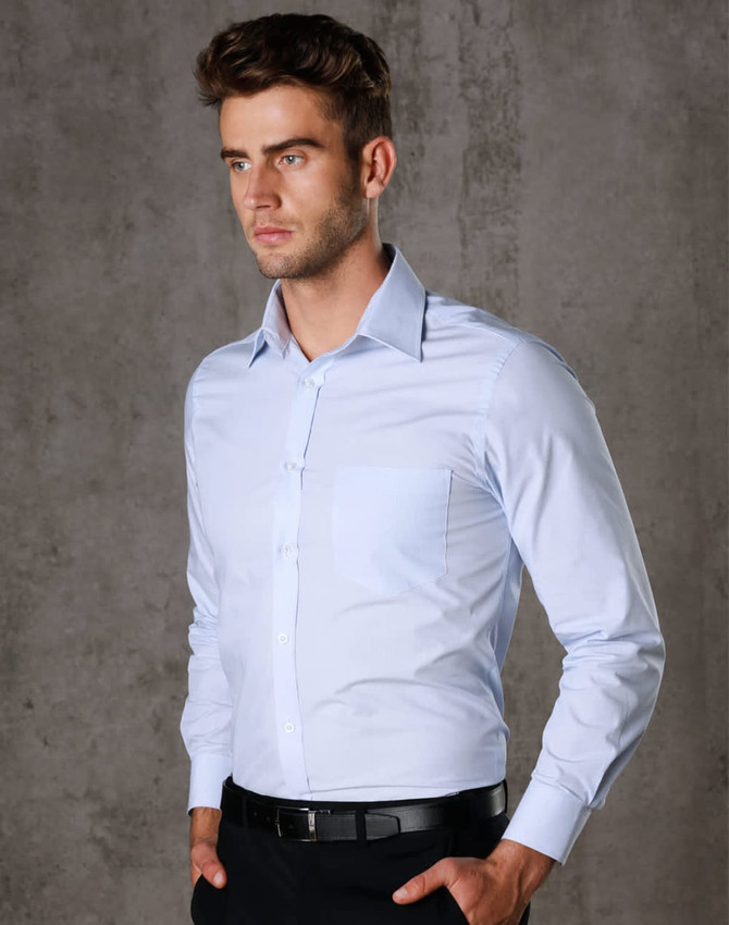 A light blue men's fine stripe long sleeve button-up shirt with a chest pocket and a branding logo.