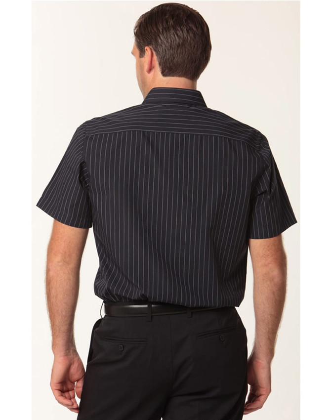 A short sleeve men's button-up shirt in black featuring a pinstripe pattern, with a collar and a logo.