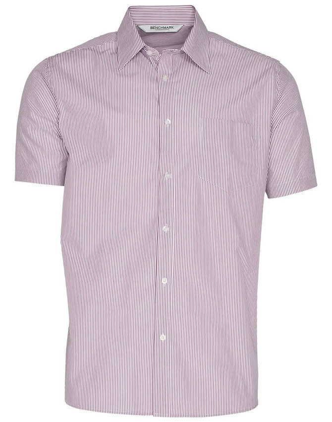 A button-up shirt with short sleeves featuring red and white stripes, complete with a pocket and a logo.