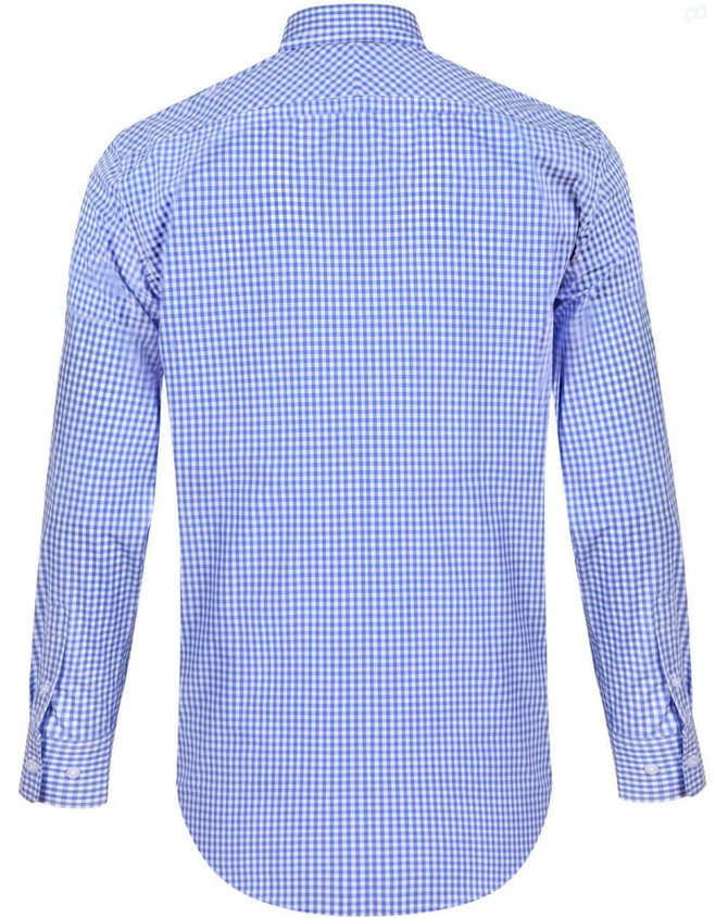 A blue and white gingham check men's roll-up long sleeve shirt, featuring a button-up design and a branding logo.