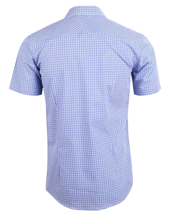 A short-sleeved button-up shirt featuring a two-tone blue check pattern and a logo on the back.