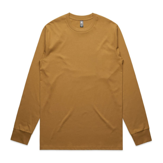 A long-sleeve t-shirt in a warm brown colour, featuring a logo on the neckline.