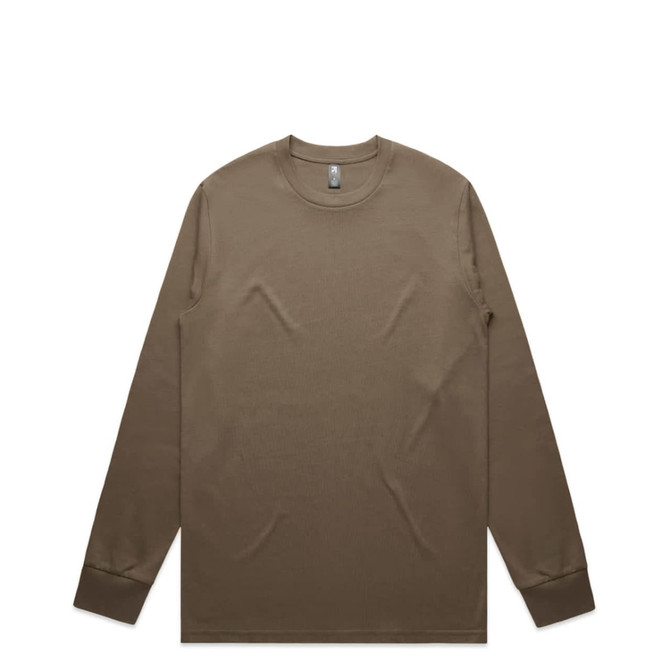 A long-sleeve T-shirt in a solid brown colour, featuring a crew neckline and fitted cuffs. It has a logo on the label.