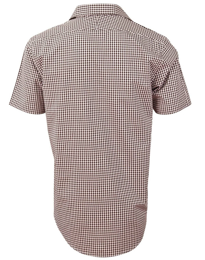 A short-sleeve men's button-up shirt featuring a brown and white gingham check pattern and a logo on the label.