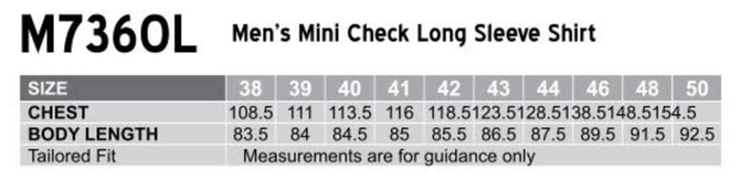 A chart detailing sizes for a Men's Mini Check Long Sleeve Shirt in tailored fit, including chest and body length measurements.