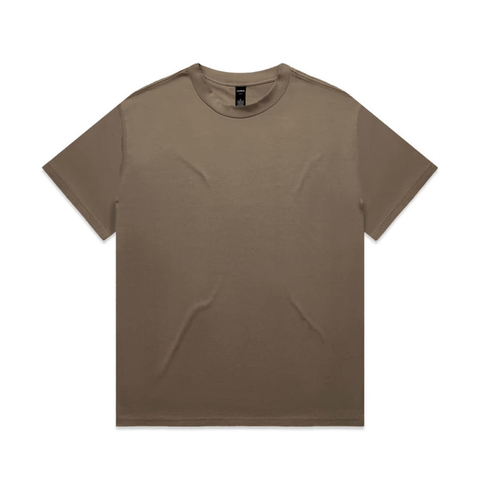 A brown heavy tee with a round neckline and short sleeves, featuring branding on the inside tag.