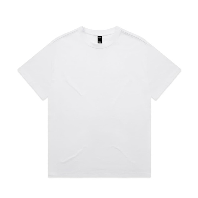 A white T-shirt with a relaxed fit and minimal design, featuring a brand logo on the label.