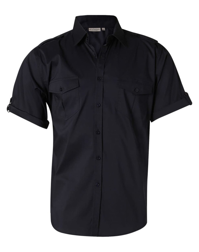 A black men's short sleeve military shirt with button-up front and two chest pockets, featuring rolled-up sleeves.