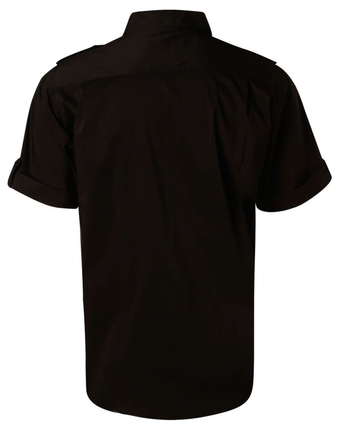 A black men's short sleeve military shirt with a button-up design and rolled sleeves. Features a logo on the back.