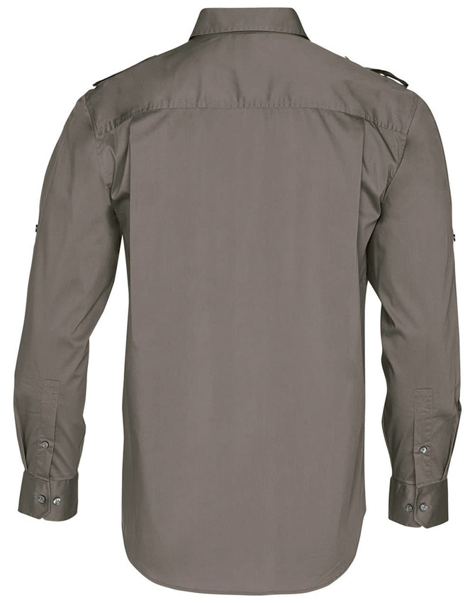 A men's long sleeve military shirt in khaki green, featuring button-up details and shoulder epaulettes.