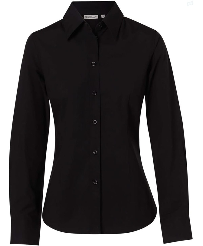 A black women's long-sleeve button-up shirt made from cotton and poly stretch fabric, featuring a sleek design and a logo.