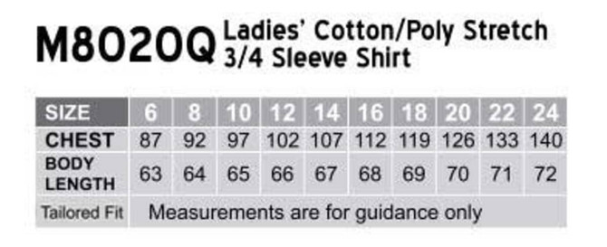 A chart displaying measurements for a women's cotton/poly stretch 3/4 sleeve shirt in multiple sizes.