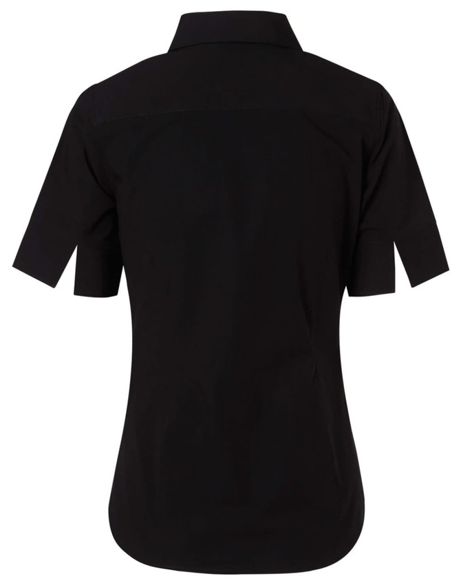 A black women's short-sleeved button-up shirt with a standard collar and a logo.