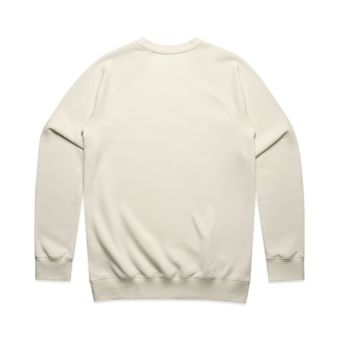 A cream-coloured sweater featuring a simple design and a branding logo on the back.