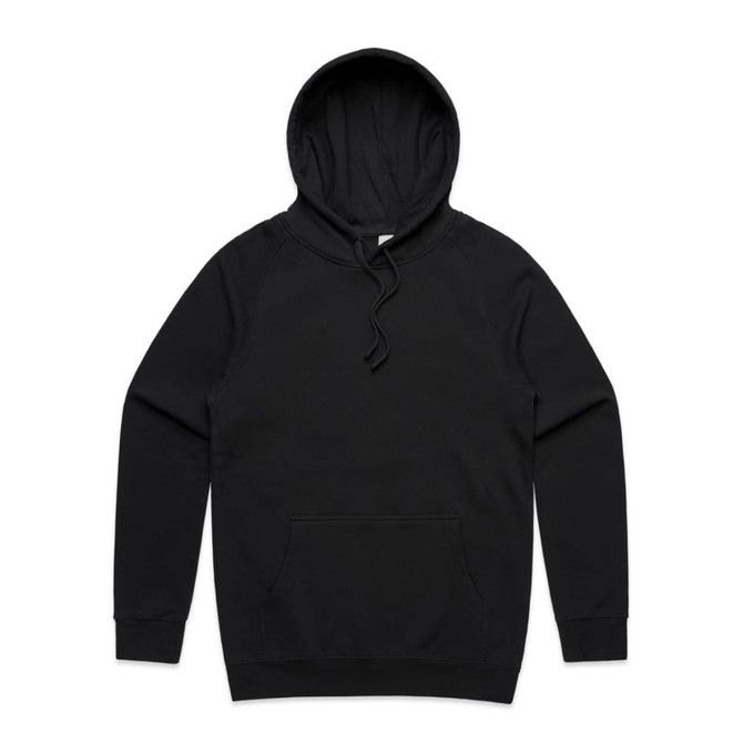 A black hoodie with a front pocket and a drawstring hood, featuring a logo on the front.