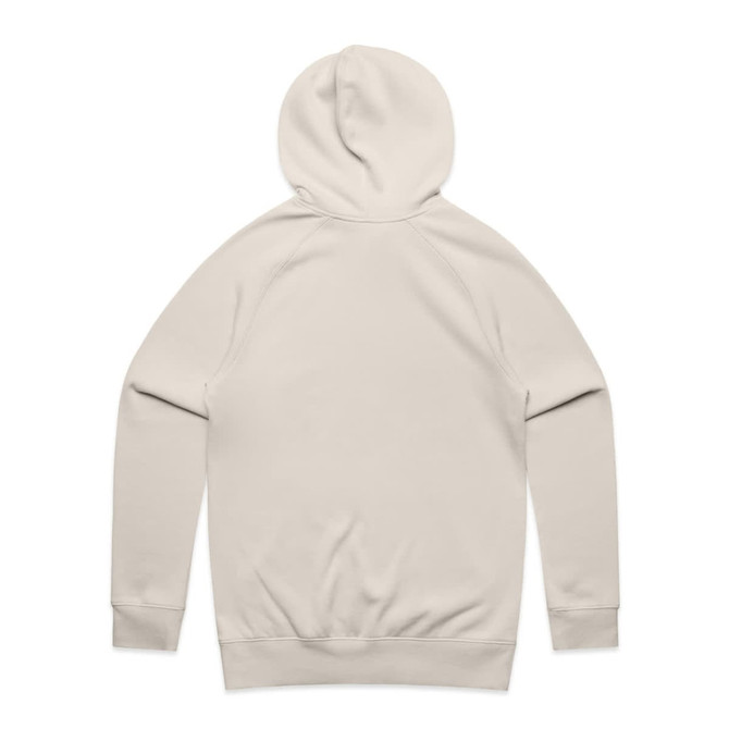 A plain beige hoodie with a back view, featuring a hood and long sleeves. The hoodie has a simple design and includes a logo.